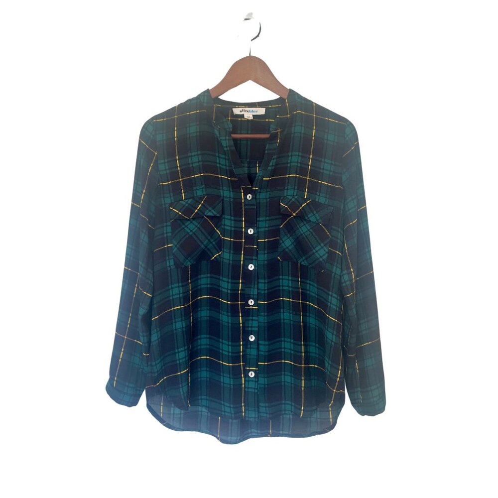 Alice Blue Green Plaid Collarless Blouse, XSP